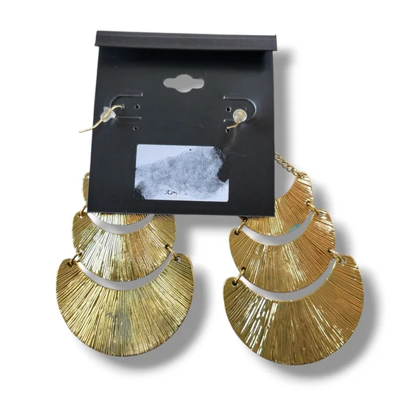 Fringe | Large Boho Embossed Gold Tone Blue/Green Layered Tribal Disc Earrings - Picture 3 of 7